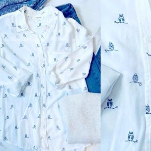 Beach lunch lounge owl novelty print blouse button front shirt LRG long sleeve